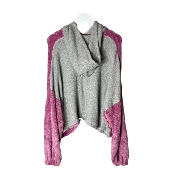 Free People Pink/Gray Fuzzy Oversized Color block Hoodie Lagenlook Sweater Sz S - Picture 5 of 12